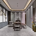 Modern Chinese Interior Dining Room With Wooden Table Chairs Decorative Paintings Vases And Green Plants