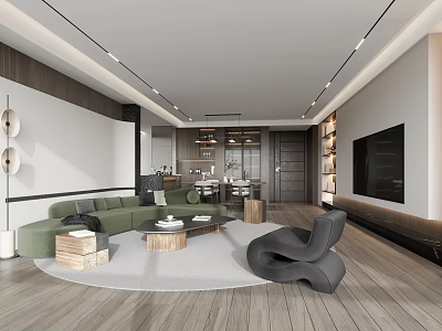 Modern Living And Dining Room Interior With Green Sofa Round Coffee Table And TV Wall 3d model