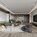 Modern Living And Dining Room Interior With Green Sofa Round Coffee Table And TV Wall