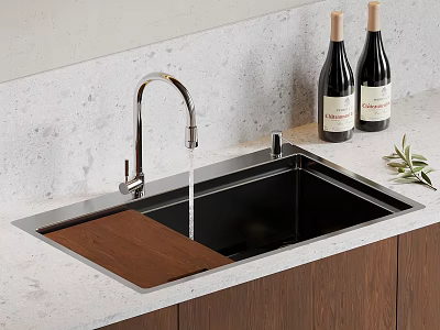 Modern Kitchen Sink with Running Water Stainless Steel Faucet Wooden Board Light Countertop and Dark Cabinets 3d model