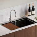 Modern Kitchen Sink with Running Water Stainless Steel Faucet Wooden Board Light Countertop and Dark Cabinets