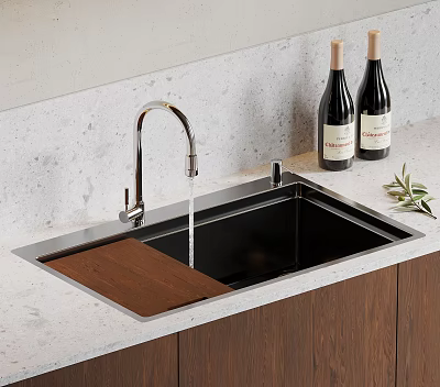 Modern Kitchen Sink with Running Water Stainless Steel Faucet Wooden Board Light Countertop and Dark Cabinets 3d model