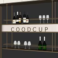 Modern Wine Cabinet Interior With Shelves Wine Bottles Glasses Lighting And GOODCUP Sign