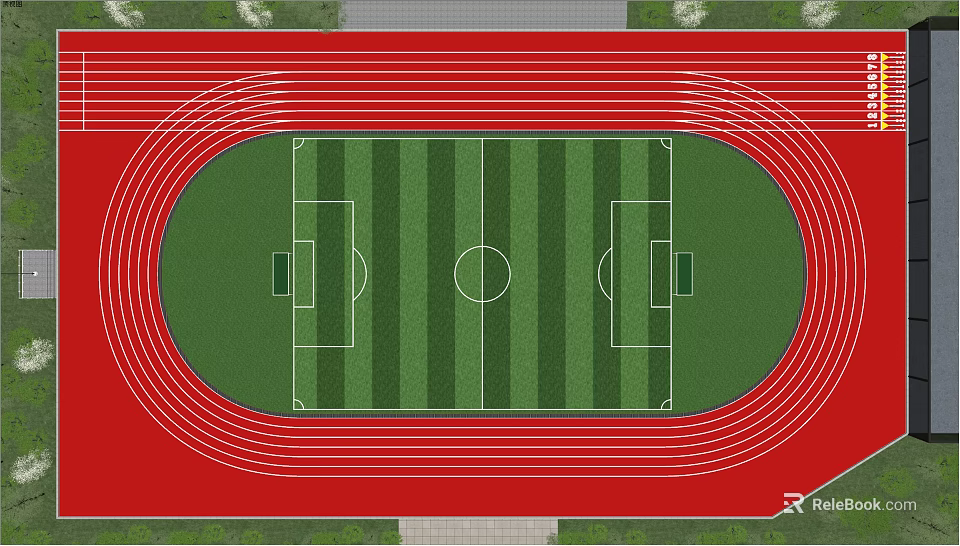 Football Field With Striped Green Turf White Lines And Red Running Track 3d model 