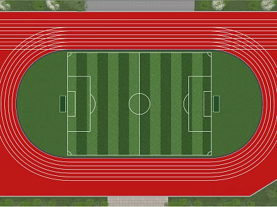 Football Field With Striped Green Turf White Lines And Red Running Track 3d model
