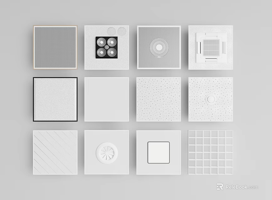 White Square Interior Decorative Panels With Various Grid Dot And Circular Designs 3d model 