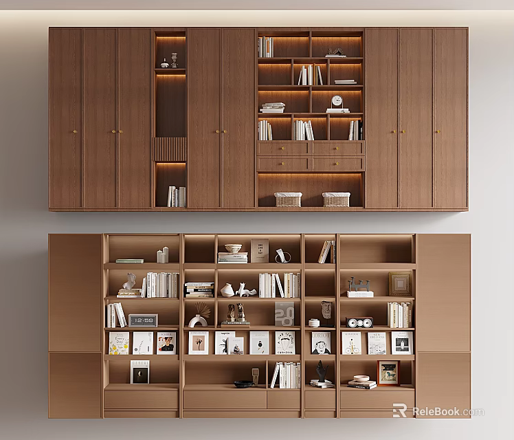 Modern Wooden Bookcase With Two Tier Design Holding Books Decor And Frames 3d model 