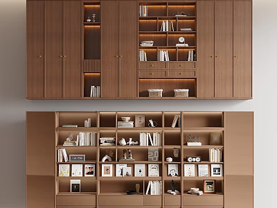 Modern Wooden Bookcase With Two Tier Design Holding Books Decor And Frames 3d model