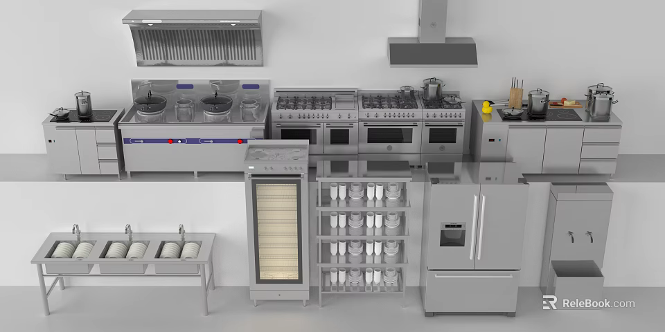 Modern Stainless Steel Kitchen Appliances With Range Hood Stoves Ovens Refrigerator And Cabinets 3d model 