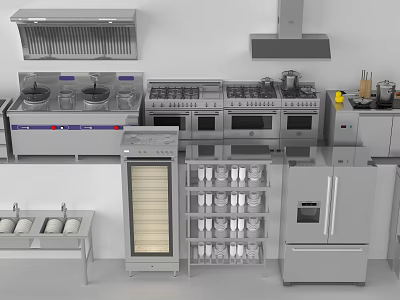 Modern Stainless Steel Kitchen Appliances With Range Hood Stoves Ovens Refrigerator And Cabinets 3d model