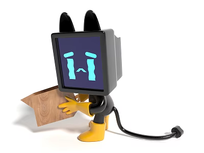 Electric Toy Cat Ear TV Head Crying Yellow Hands Feet Holding Wooden Board Tail Plug 3d model