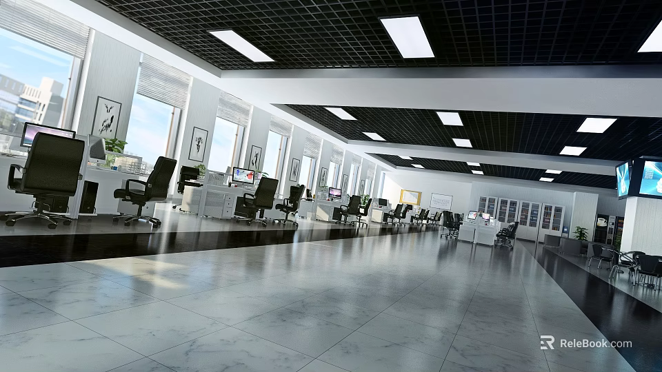 Modern Public Office Space With Spacious Layout Desks Office Chairs Computers And Large Windows 3d model