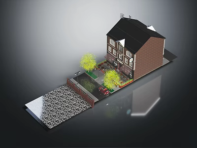 Two Story Brick Residential House With Black Roof Yellow Trees Garden And Stone Paved Driveway 3d model