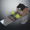 Two Story Brick Residential House With Black Roof Yellow Trees Garden And Stone Paved Driveway