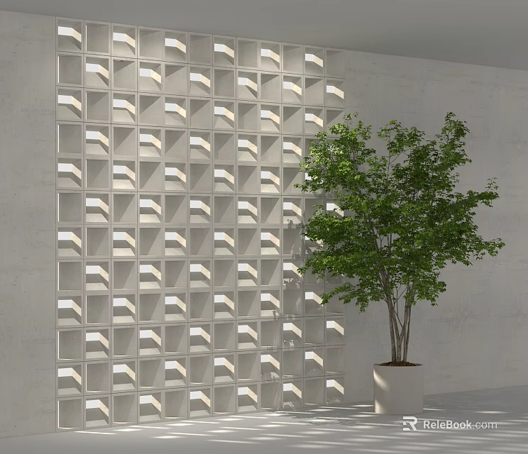 Geometric Pattern Wall Design With Potted Tree 3d model 