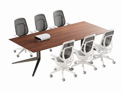 Walnut Wooden Conference Table With White Mesh Office Chairs And Projector In Office Meeting Room 3d model