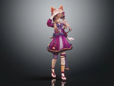 3D Anime Character With Cat Ears Pink Hair And Stylish Purple Dress 3d model