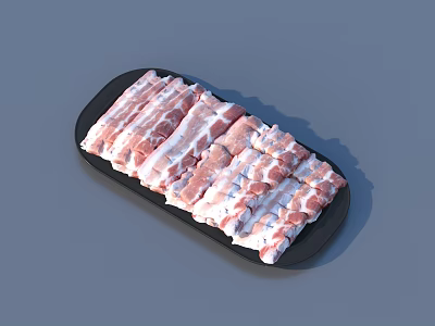 Fresh Juicy Sliced Pork Belly Strips Neatly Arranged on Black Ceramic Plate 3d model