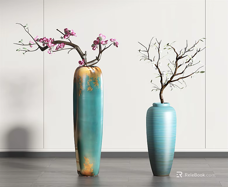 Two Ceramic Vases with Branches Pink Blossoms Teal Blue Yellow Gradient Modern White Wall 3d model 
