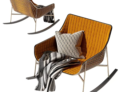 Modern Orange Rocking Leisure Chair With Geometric Pillow And Striped Blanket 3d model
