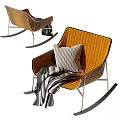 Modern Orange Rocking Leisure Chair With Geometric Pillow And Striped Blanket