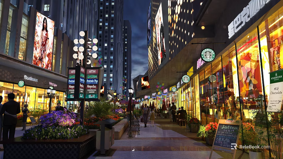 Vibrant Commercial Street Night View With Neon Signs Shops Pedestrians And Flower Decorations 3d model 