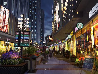 Vibrant Commercial Street Night View With Neon Signs Shops Pedestrians And Flower Decorations 3d model