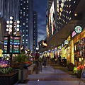 Vibrant Commercial Street Night View With Neon Signs Shops Pedestrians And Flower Decorations