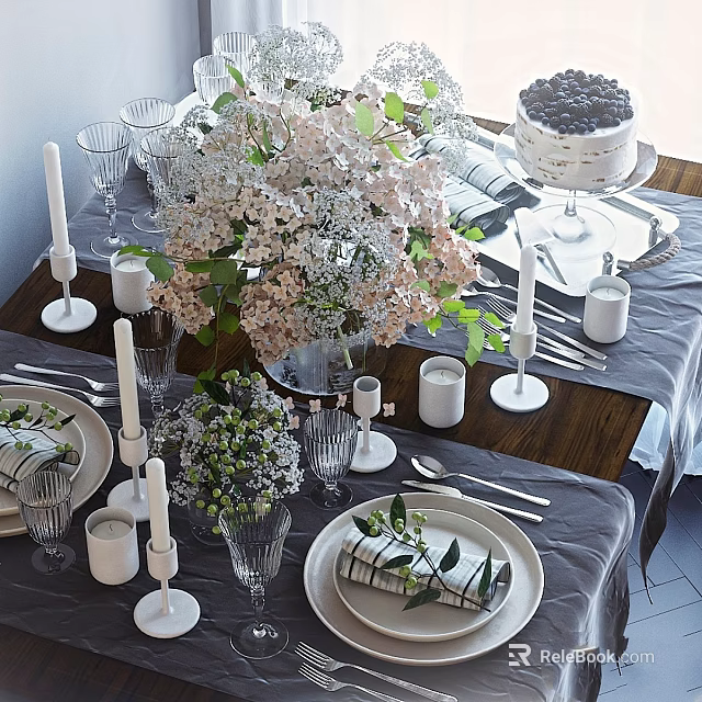 Elegant Dinnerware Set with White Plates Gray Tablecloth Candles and Floral Decor 3d model 