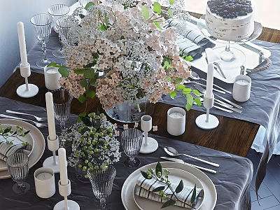 Elegant Dinnerware Set with White Plates Gray Tablecloth Candles and Floral Decor 3d model