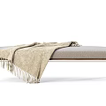 Wooden Frame Ottoman With Beige Fringed Knit Blanket And Light Gray Cushion