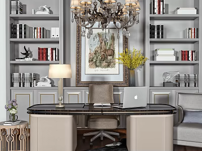 Elegant Modern Desk With Bookshelves Table Lamp Laptop Chair And Artwork 3d model