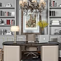 Elegant Modern Desk With Bookshelves Table Lamp Laptop Chair And Artwork