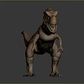 3D Tyrannosaurus Rex Model Standing With Brown Skin Green Spots Open Abdomen And Gray Background