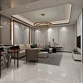 Elegant Modern Restaurant Interior With Marble Floor Chandelier And Dining Chairs