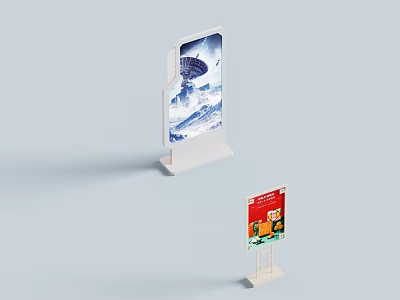 Modern Swing Door Display With White Stand Featuring Snow Mountain And Red Fruit Patterns 3d model