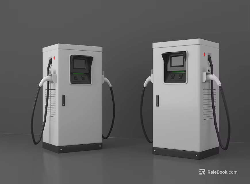 Modern White Electric Vehicle Charging Stations With Digital Screens And Cables 3d model 