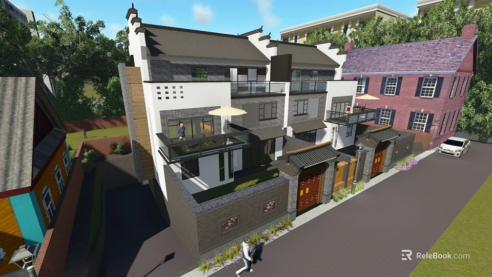 Traditional Chinese Semi Detached Villa With Two Story Glass Windows Balcony And Greenery 3d model 