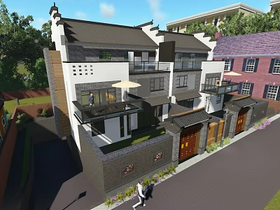 Traditional Chinese Semi Detached Villa With Two Story Glass Windows Balcony And Greenery 3d model