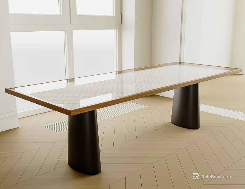Modern Glass Top Desk With Wooden Frame Black Legs And Herringbone Floor 3d model 