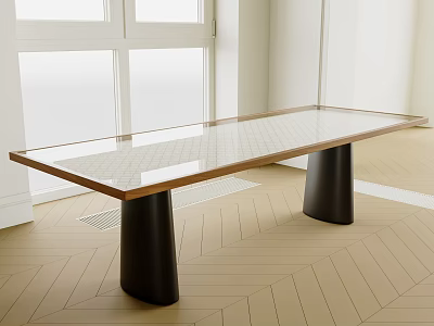 Modern Glass Top Desk With Wooden Frame Black Legs And Herringbone Floor 3d model