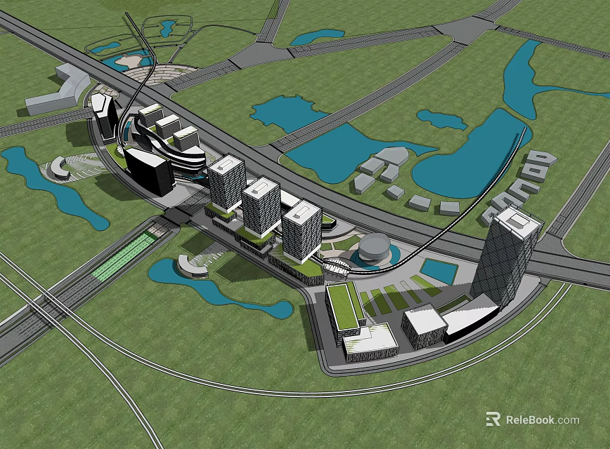 Modern Office Building Complex In Urban Planning With Green Spaces Waterfront And Transportation Links 3d model 