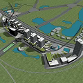 Modern Office Building Complex In Urban Planning With Green Spaces Waterfront And Transportation Links