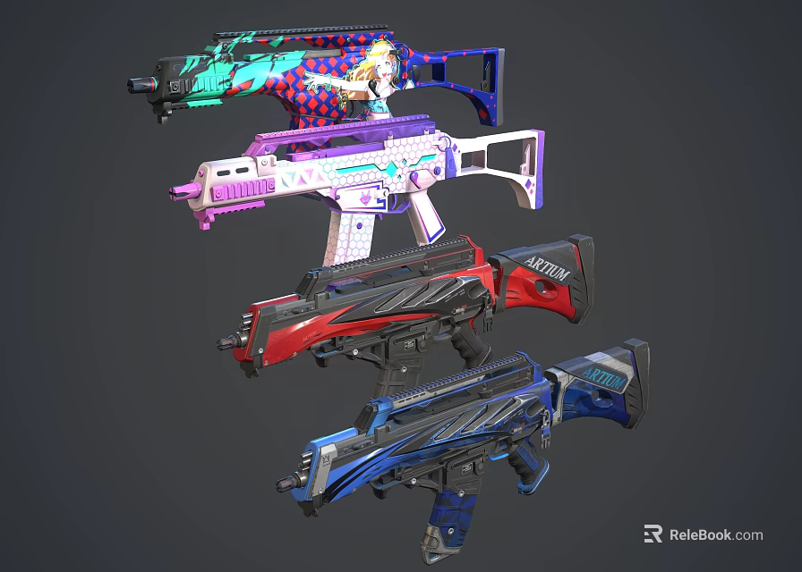 Colorful Futuristic Gaming Weapons With Vibrant Blue Red Purple Teal Designs 3d model 