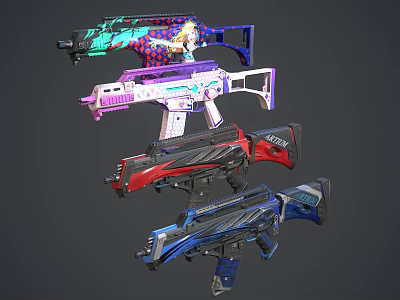 Colorful Futuristic Gaming Weapons With Vibrant Blue Red Purple Teal Designs 3d model