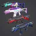 Colorful Futuristic Gaming Weapons With Vibrant Blue Red Purple Teal Designs