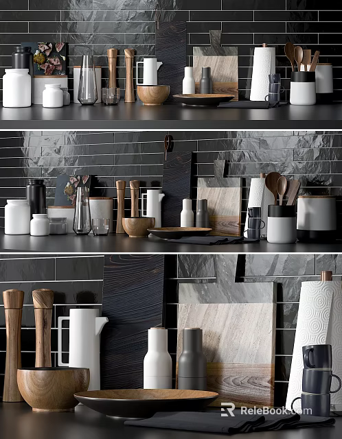 Stylish Kitchen Utensils Arranged On Shelves With Black Tiled Wall Jars Mugs Spoons Cutting Boards 3d model 
