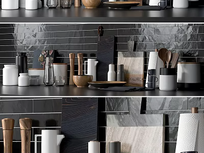 Stylish Kitchen Utensils Arranged On Shelves With Black Tiled Wall Jars Mugs Spoons Cutting Boards 3d model