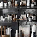 Stylish Kitchen Utensils Arranged On Shelves With Black Tiled Wall Jars Mugs Spoons Cutting Boards