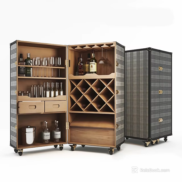 Wheeled Plaid Design Wine Cabinet With Wooden Interior Wine Glass And Bottle Storage Drawers 3d model 